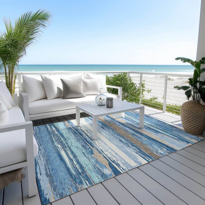 Machine Washable Indoor/ Outdoor Abstract Stripes Chantille Rug