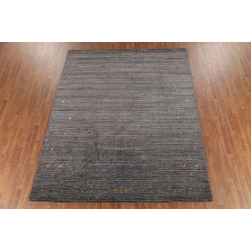 Gray Gabbeh Rug Hand-Knotted Tribal Oriental Wool Carpet - 7'10"x 9'7"