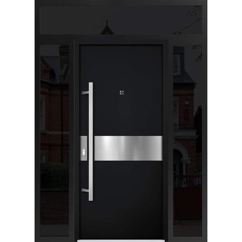 Front Prehung Steel Door 6072 Black Enamel Side and Top Window Sidelite W36+14xH80+16 Lh I Bedroom Door Bathroom Door - Black - 60 x 96