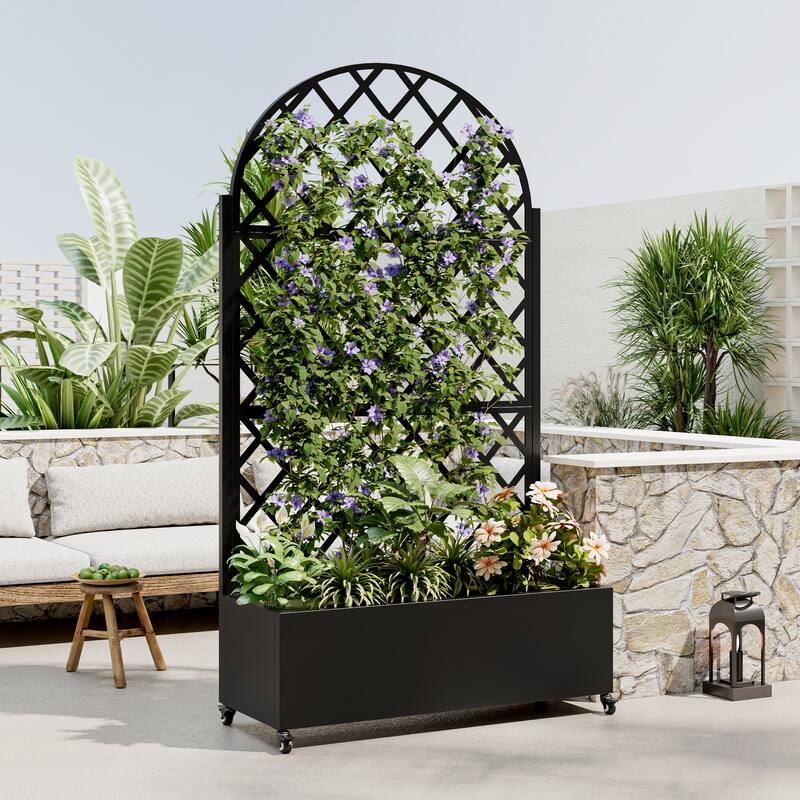Round Metal Planter Box with Trellis Raised Garden Bed with 4 wheelsTrellis & Privacy Screen for Climbing Plants, Vines - Black
