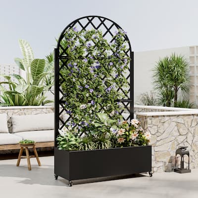 Round Metal Planter Box with Trellis Raised Garden Bed with 4 wheelsTrellis & Privacy Screen for Climbing Plants, Vines