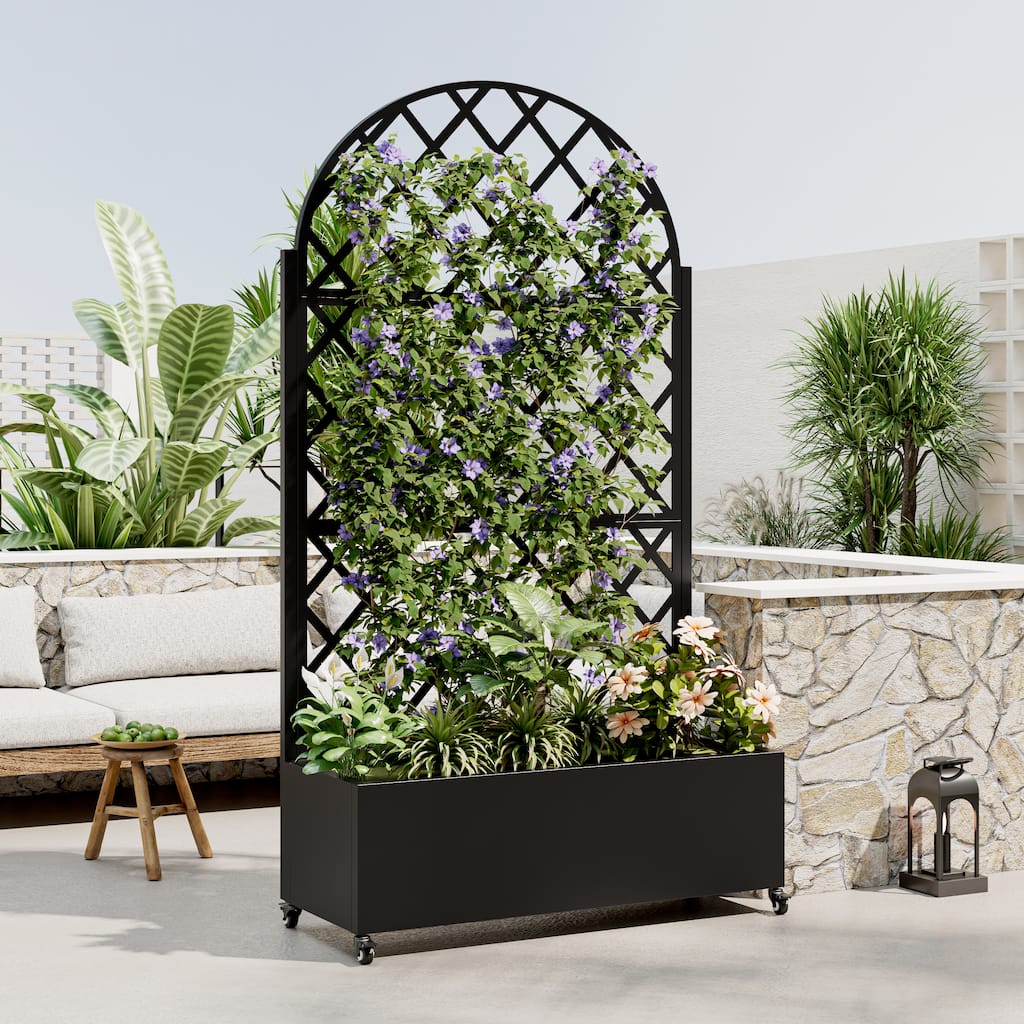 Round Metal Planter Box with Trellis Raised Garden Bed with 4 wheelsTrellis & Privacy Screen for Climbing Plants, Vines