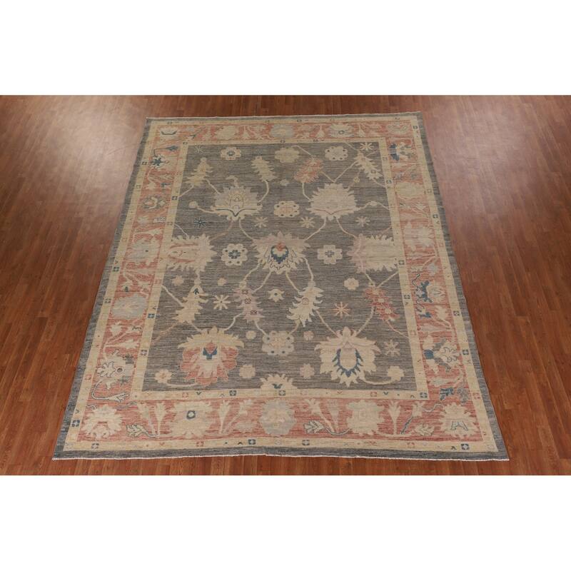 Vegetable Dye Oushak Turkish Area Rug Hand-Knotted Grey Wool Carpet - 9'2" x 11'0"