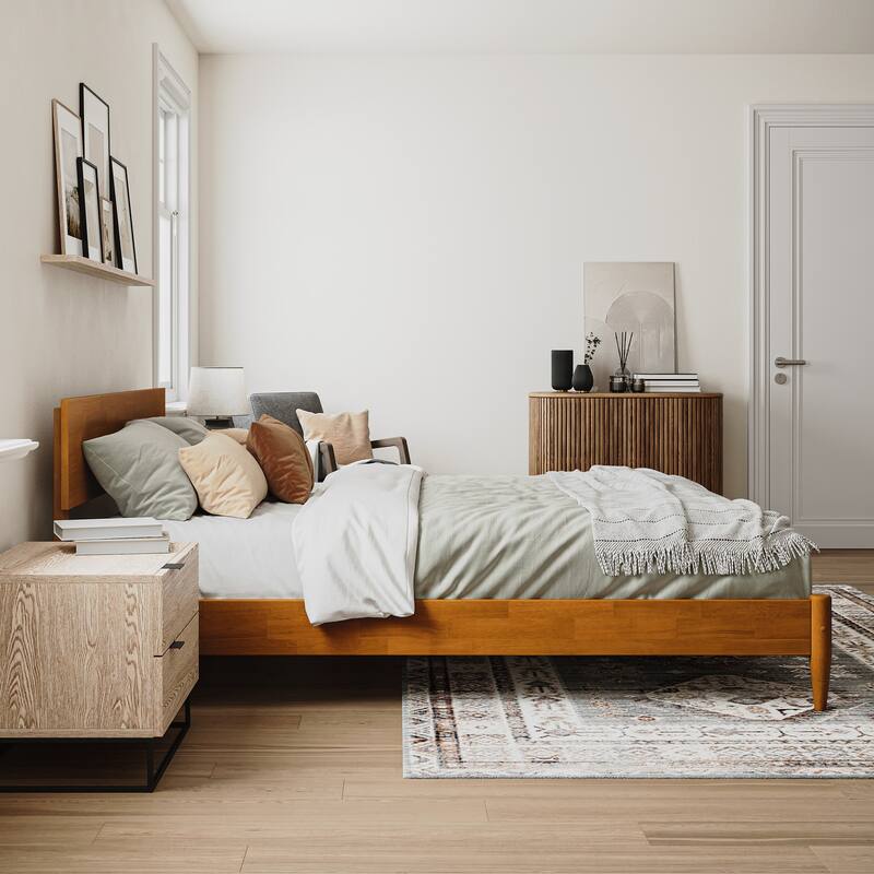 Modern Platform Bed - Low Profile Wood Bed Frame with USB Charger & Adjustable Headboard