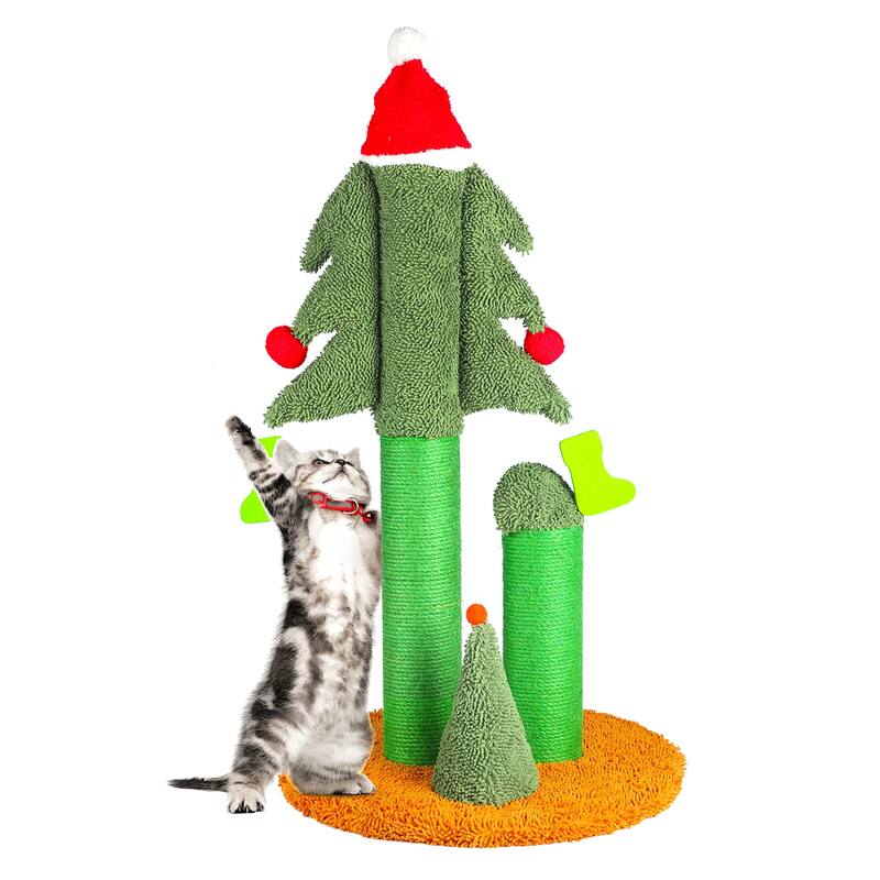 CUSchoice 32" Christmas Tree Cat Scratcher with 3 Posts & Teaser Balls - 32'