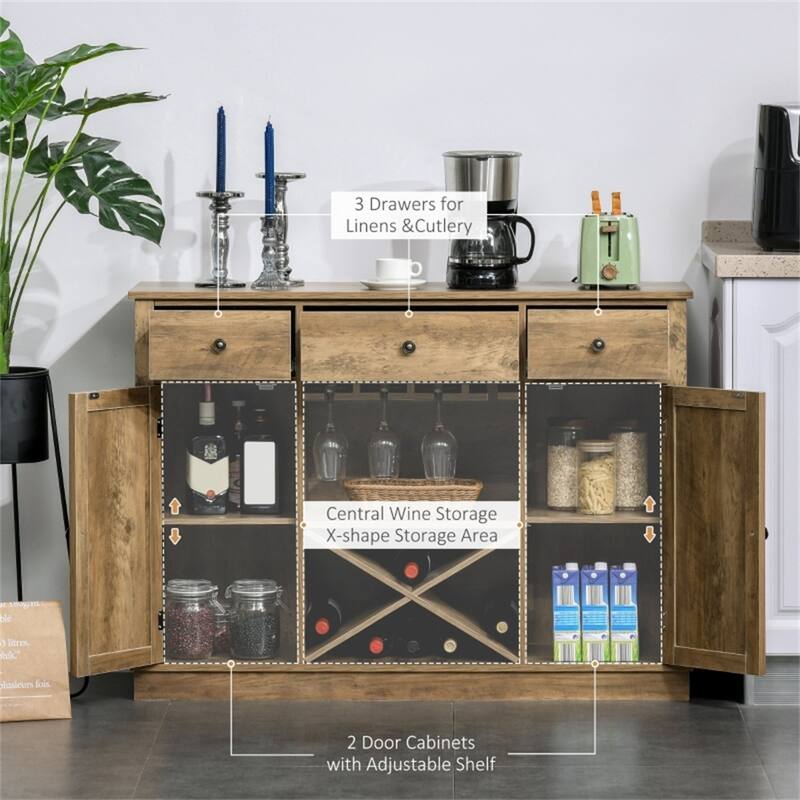Rustic Oak Grain Sideboard with Drawers and Cabinets Wine Glass Storage MDF Furniture for Kitchen Dining Room Living Room