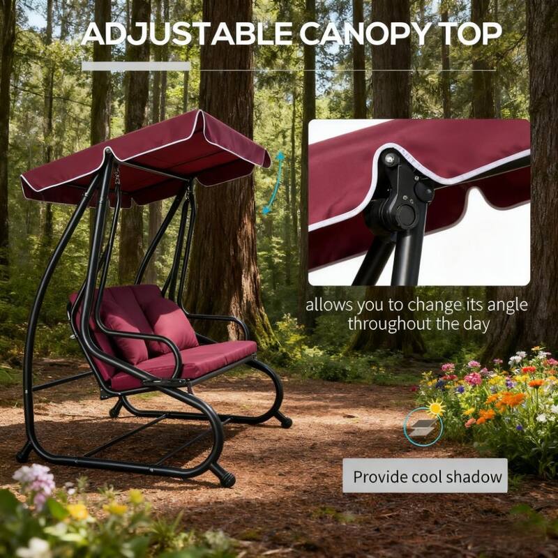GDFStudio - 3-Seat Outdoor Swing Bench with Adjustable Canopy and Removable Cushions