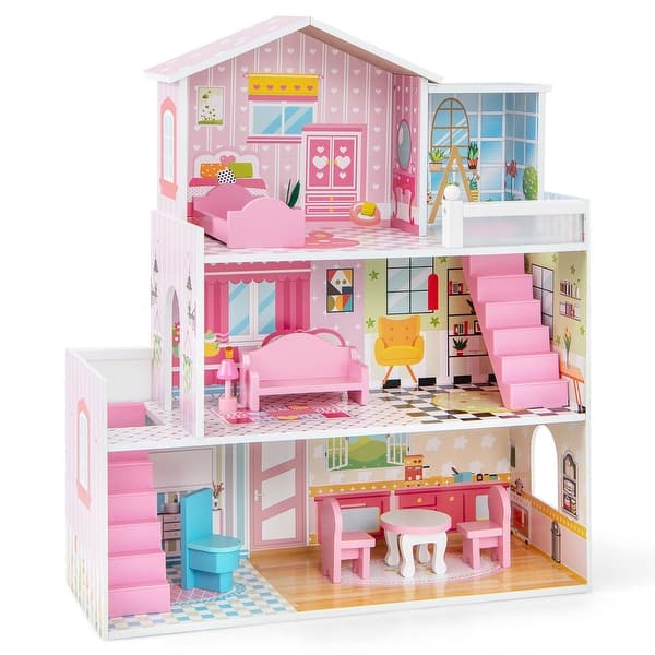 slide 2 of 6, Kids Dollhouse Playset with 5 Simulated Rooms & 10 Pieces of Furniture Pink