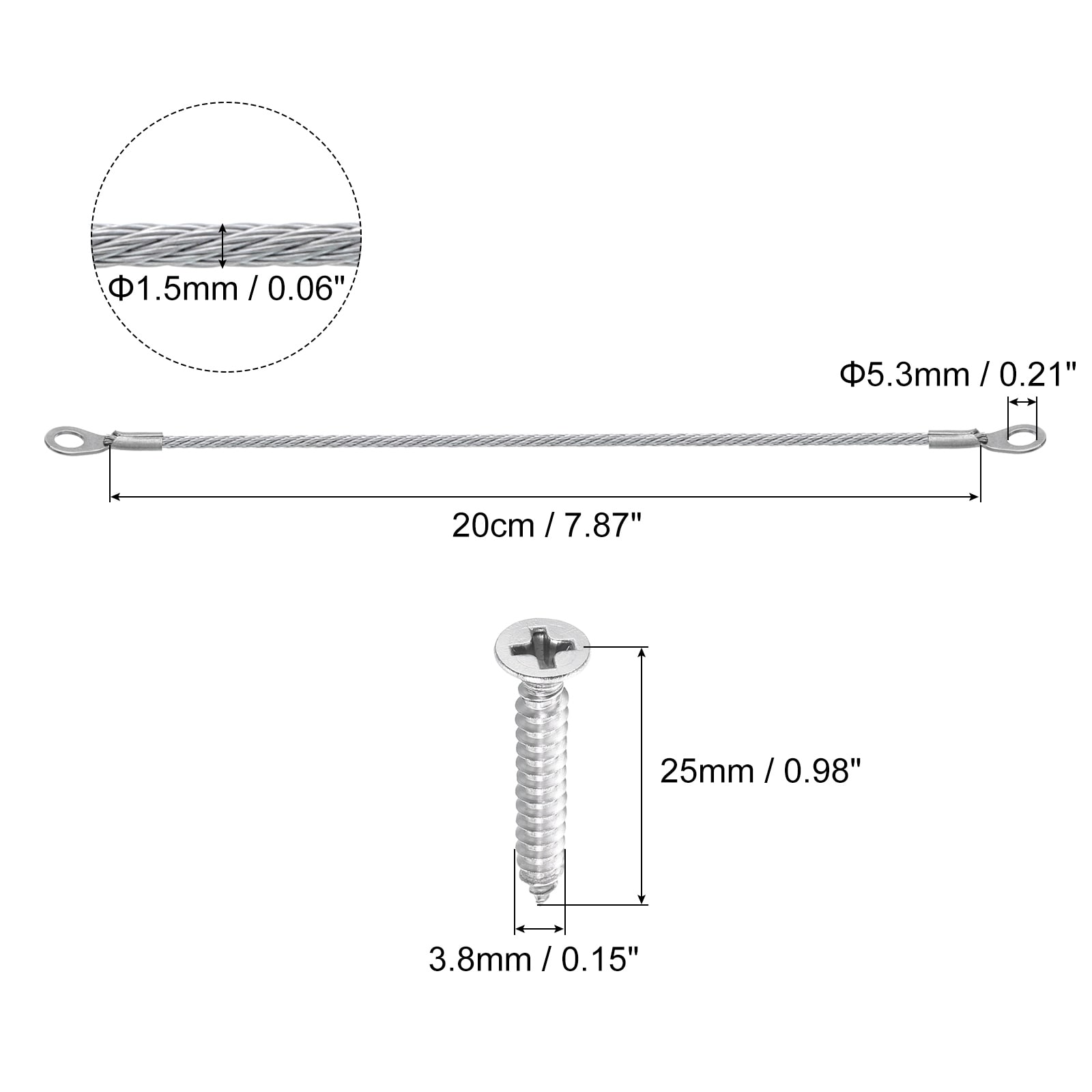Lanyard Cable Eyelets Ended, Stainless Steel Wire Rope Lanyard with Self-Tapping Screws for Connect Furniture, Lamp Hanging