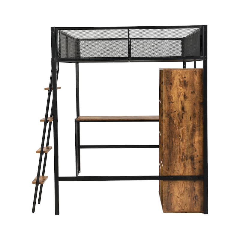 Full Size Metal Loft Bed with Built-in Workstation & Wardrobe (400lb Capacity)
