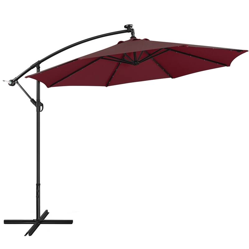Yaheetech 10Ft Patio Offset Umbrella with 32 LED Lights Outdoor Hanging Cantilever Umbrella - Burgundy