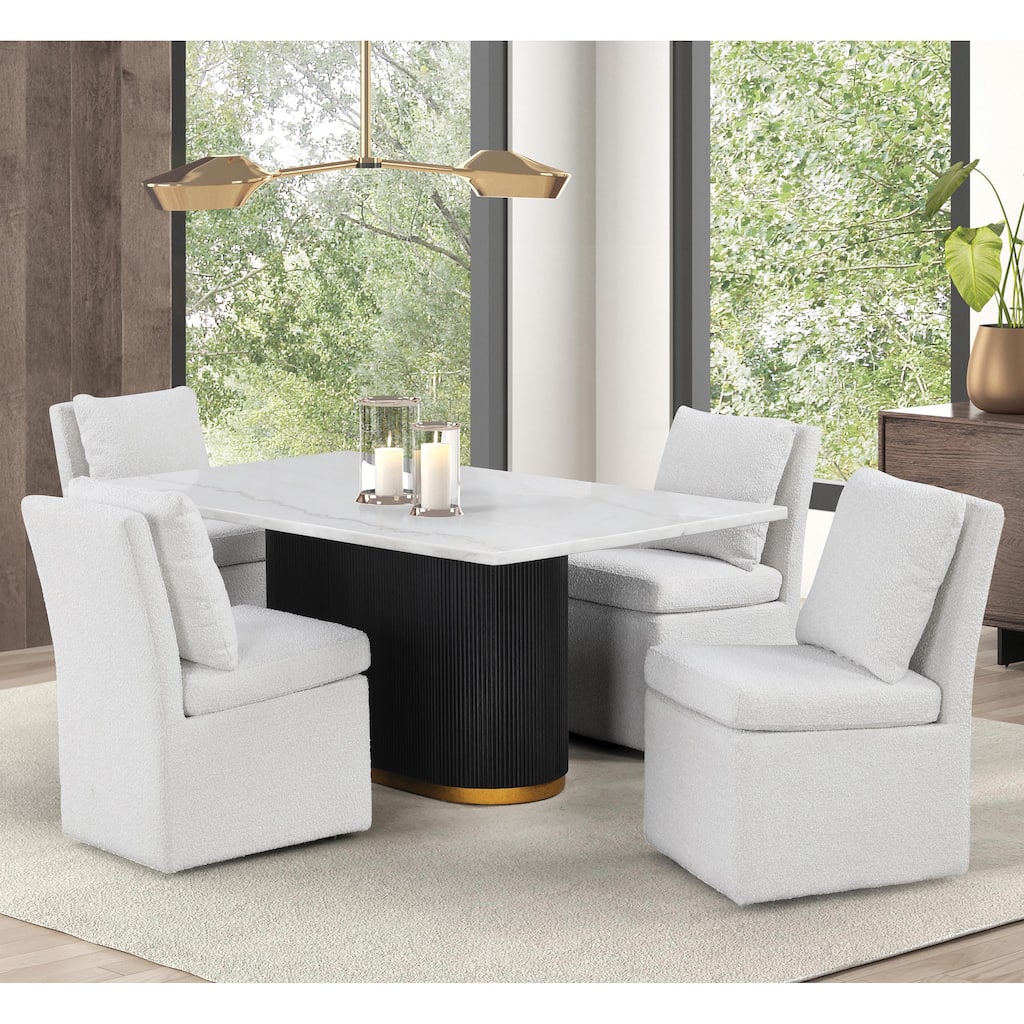 Furniture of America Torin Modern 5-Piece White Marble Top Dining Table Set with Boucle Upholstered Chairs