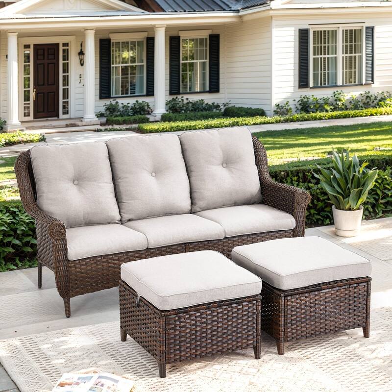 Pocassy Wicker Patio Conversation Set for Backyard - Beige Cushion - 3PCS 3-Seat Sofa with Ottoman