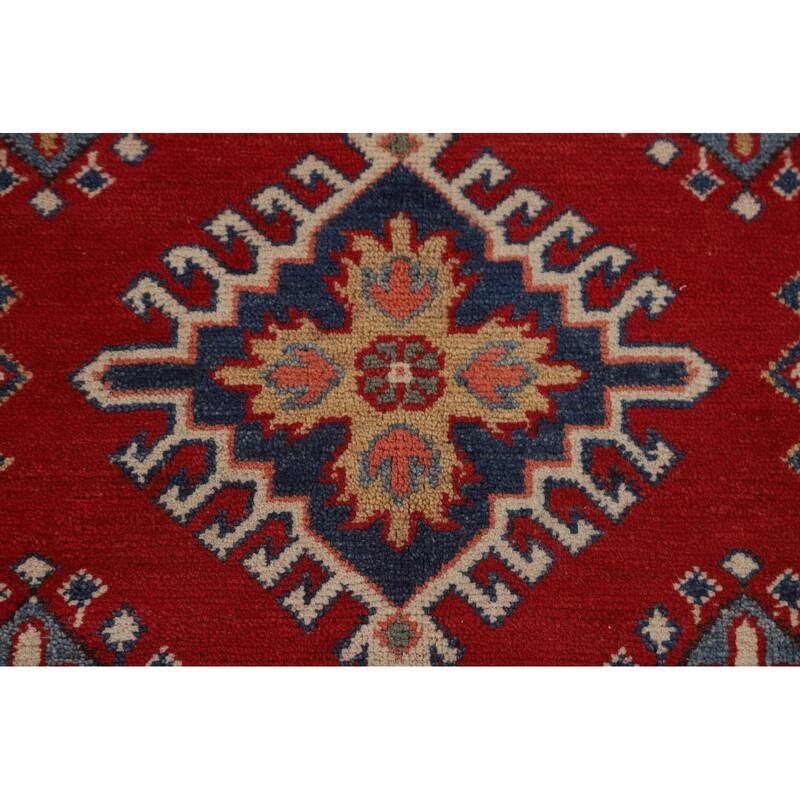 Geometric Kazak Area Rug Hand-Knotted Red Wool Carpet - 6'5" x 9'10"