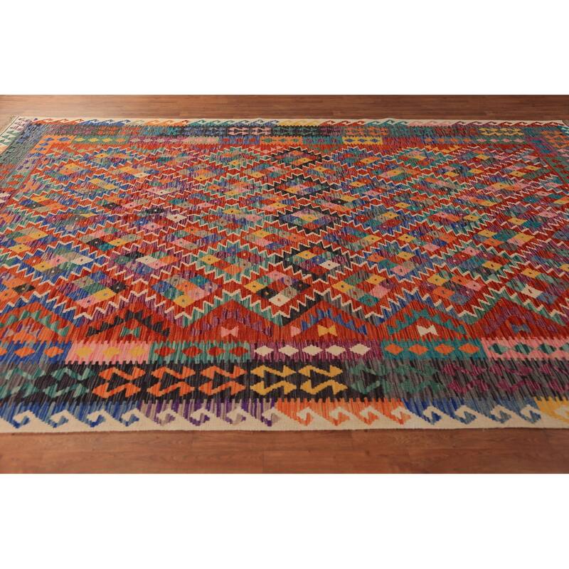 Geometric Kilim Reversible Area Rug Flatweave Multi-Color Wool Carpet - 8'2"x 11'4"