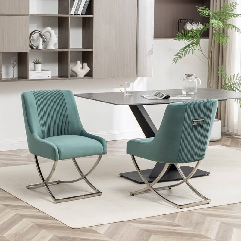 Modern Contempoary Velvet Dining Chair Set of 2 with Metal Frame Legs and Back Pull