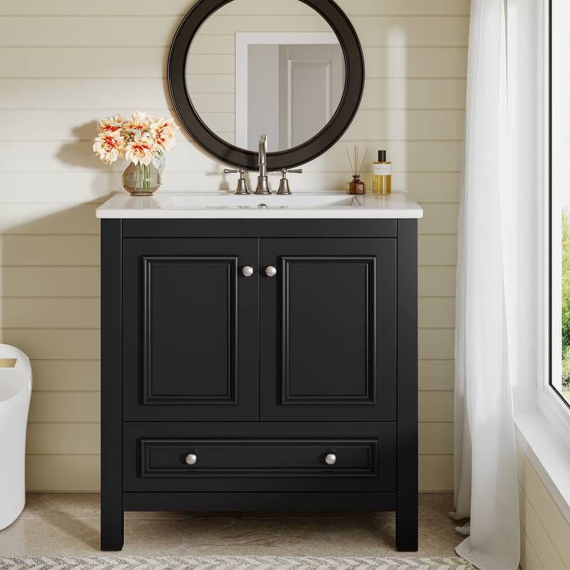 30 Inches Modern Bathroom Vanity Cabinet with Ceramic Basin & 1 Drawer - Black
