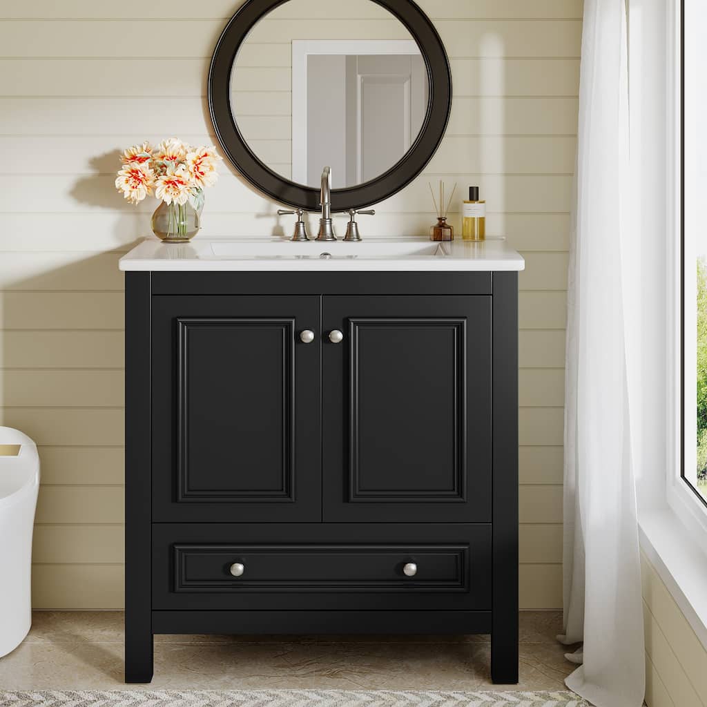 30'' Bathroom Vanity with Sink, Solid Wood Frame Freestanding Vanity with Door Organizer and Drwer