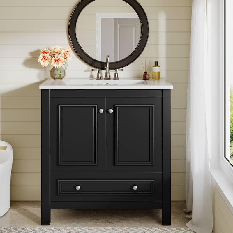30 Inches Modern Bathroom Vanity with Sink, Vanity Cabinet with Drawer and Door Organizer - Black