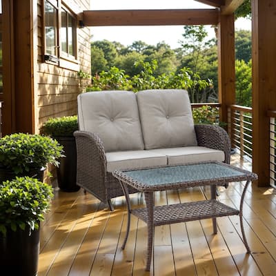 2 Seater Wicker Glider Sofa with Rattan Table - Brown