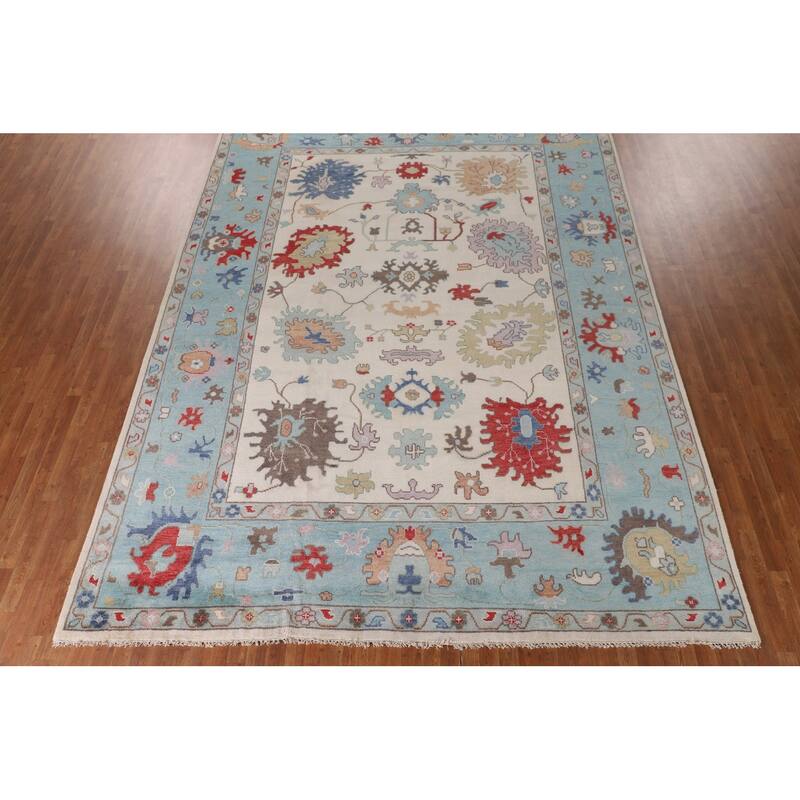 Ivory & Blue Oushak Indian Large Area Rug Handmade Wool Carpet - 10'1"x 13'10"