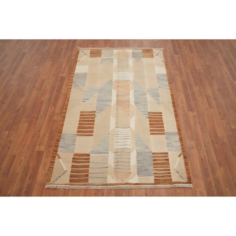 Hand Woven Oriental 100% Wool Carpet Southwestern Modern Beige & Ivories Kilim Area Rug - 6' 3'' X 4' 0''