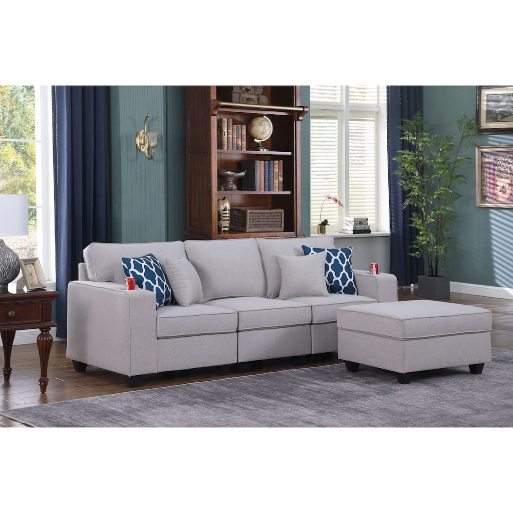Linen Upholstered Sofa with Ottoman in Light Gray