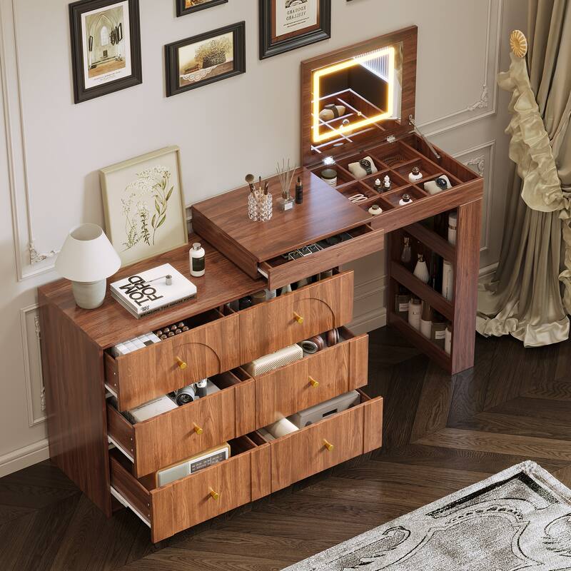 Vanity Desk with Mirror and Lights, Makeup Vanity Table with Flip-Top Tabletop and Storage 7 Drawers, 9 Compartments, 3 Shelves