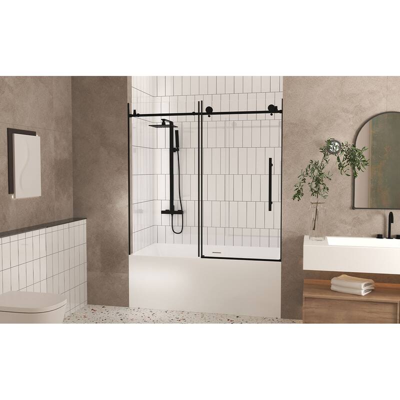GDFStudio - Aldridge Frameless Sliding Bathroom Shower Door, Adjustable Width with Clear Tempered Safety Glass