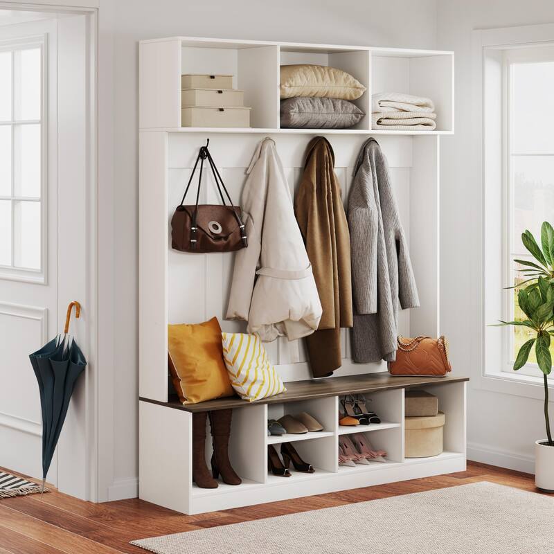 Hall Tree with Bench and Storage, Farmhouse 75" H Tall Hall Tree Wood Entryway Shoe Bench with Coat Rack and Storage Shelves