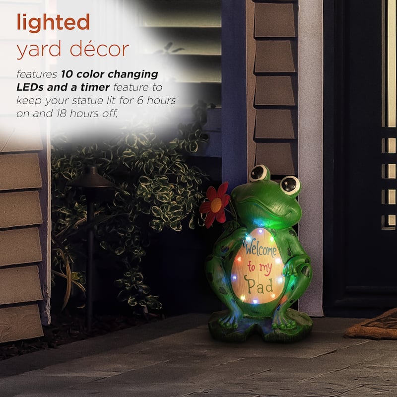 Alpine Corporation 18" Tall Outdoor Frog with Color Changing LED Lights and Welcome Sign Yard Statue