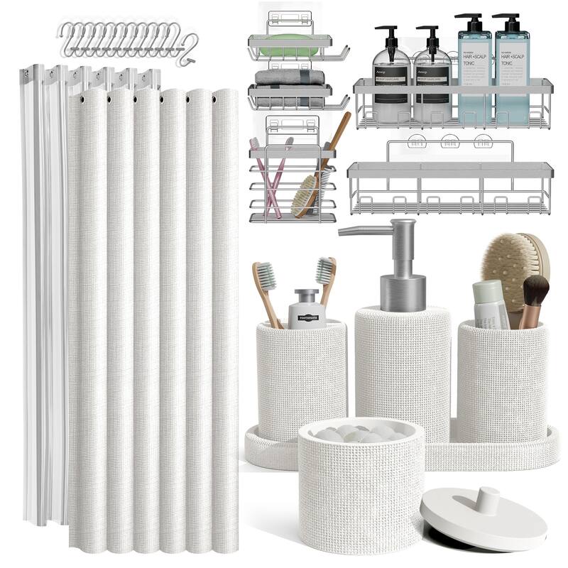 Clara Clark Complete Bathroom Accessories Set Shower Curtain, Bath Rugs & Shower Caddies