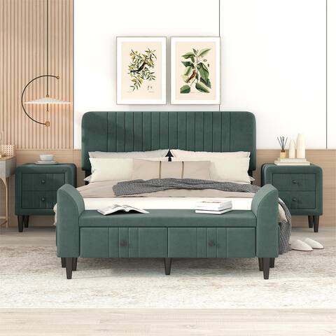 4-Pieces Bedroom Sets with Queen Size Platform Bed,Two Nightstands and Storage Bench