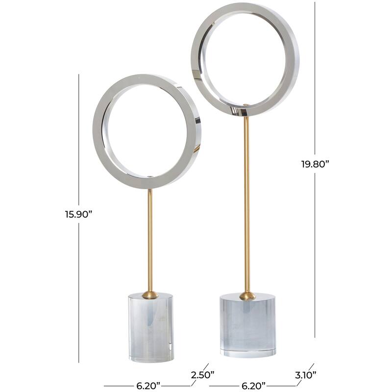 Silver Glass Round Hoop Geometric Sculpture with Gold Stands and Clear Cylinder Bases (Set of 2)