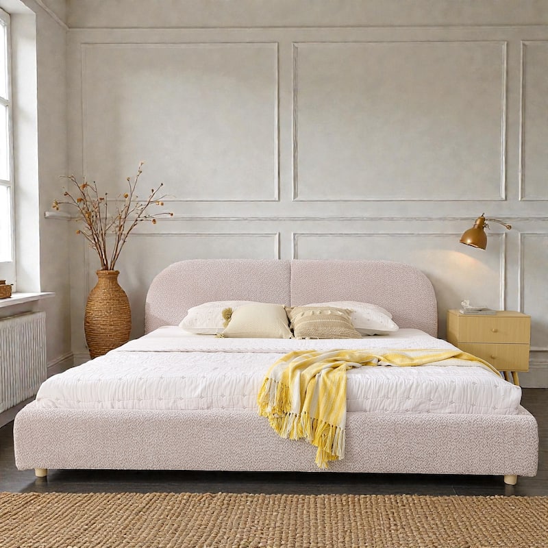 Upholstered Bed Frame with Tall Curved Headboard, Premium Circle Yarn Fabric, Modern Minimalist Platform Bed