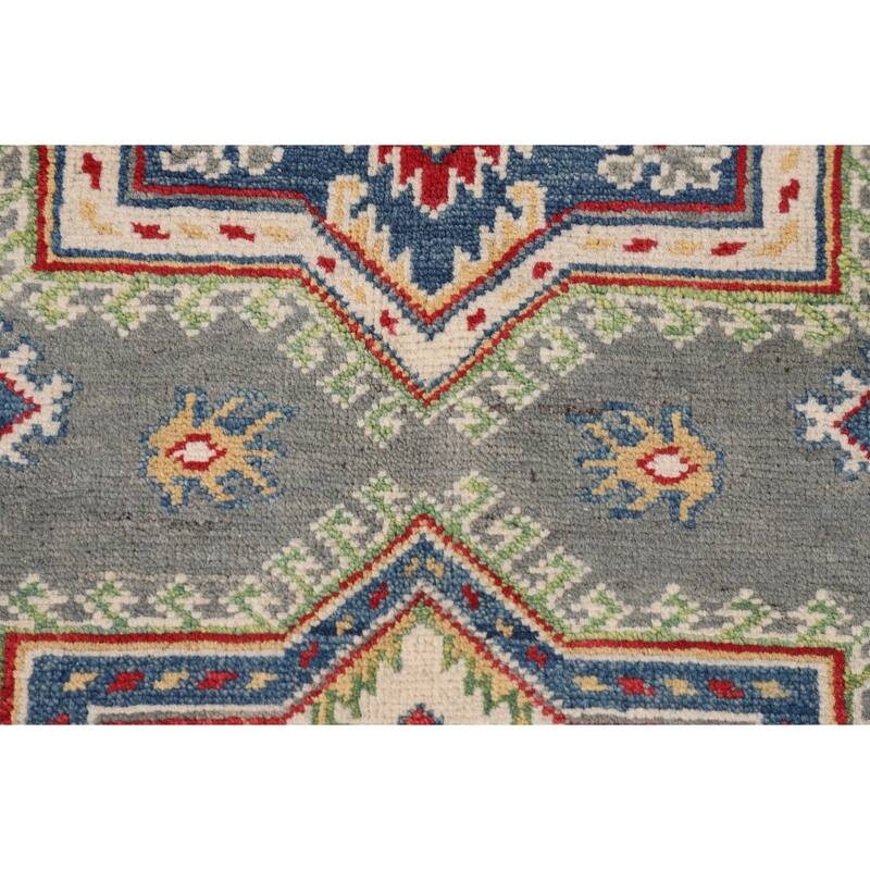 Geometric Kazak Rug Hand-Knotted Grey Wool Carpet - 4'11" x 6'9"