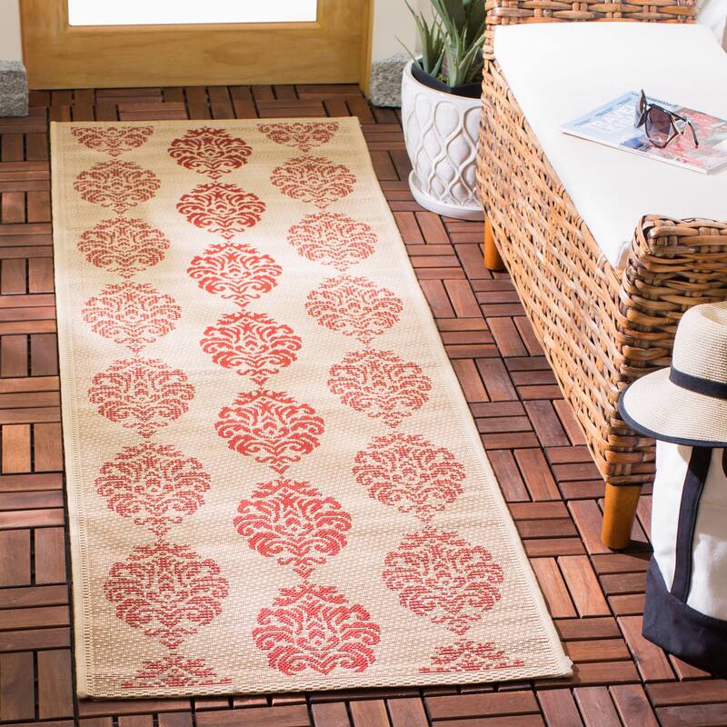 SAFAVIEH Courtyard Pauley Damask Indoor/ Outdoor Waterproof Patio Backyard Rug - 2'3" x 12' Runner - Natural/Red