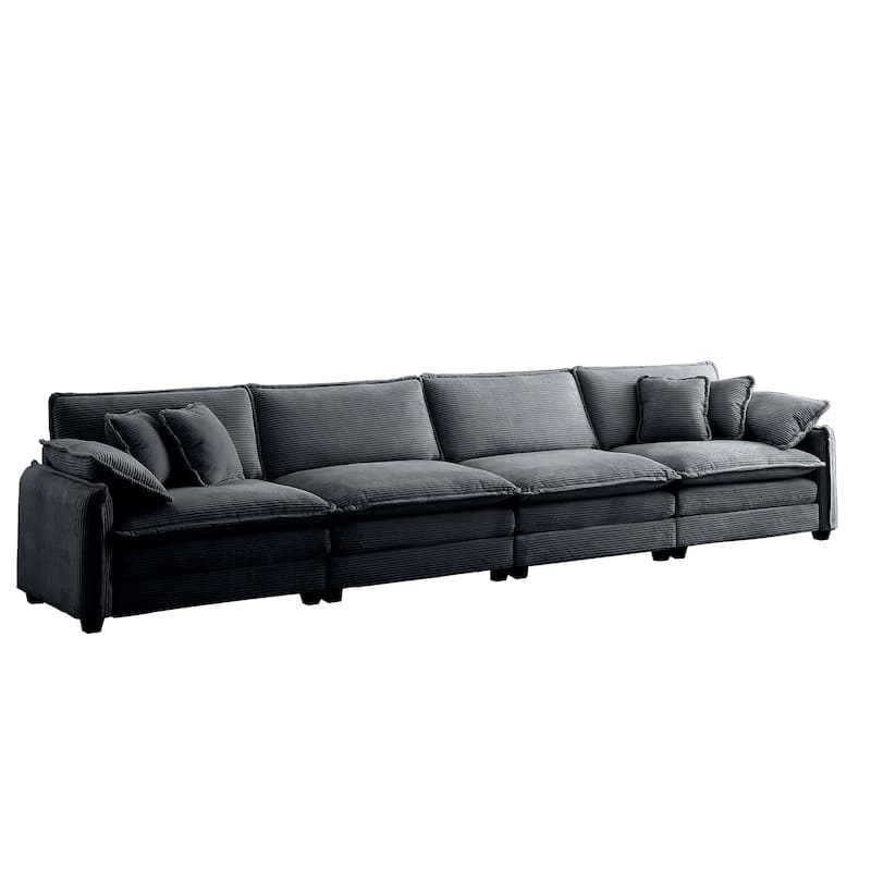 Grey 150" Corduroy 4-Seater Modular Sectional Sofa, 6 Pillows & Free Combination
