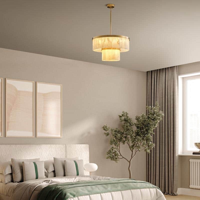 Elegant layered alabaster chandelier with natural stone panels