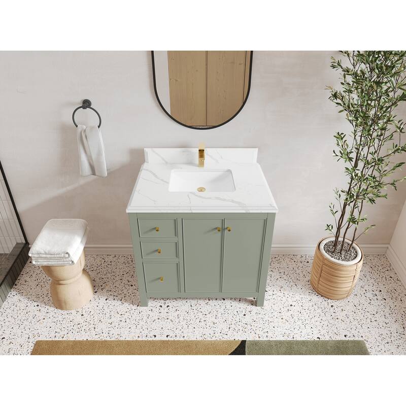 Willow Collections 36 in. W x 22 in. D Chicago Center Sink Right Bathroom Vanity with Countertop - 1.5”Calacatta Laza - Evergreen