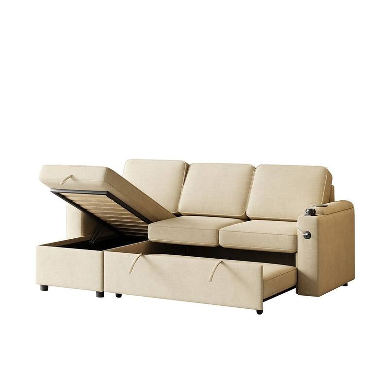85.8" Upholstery Sleeper Sectional Sofa Pull Out Sofa Bed with Storage Space