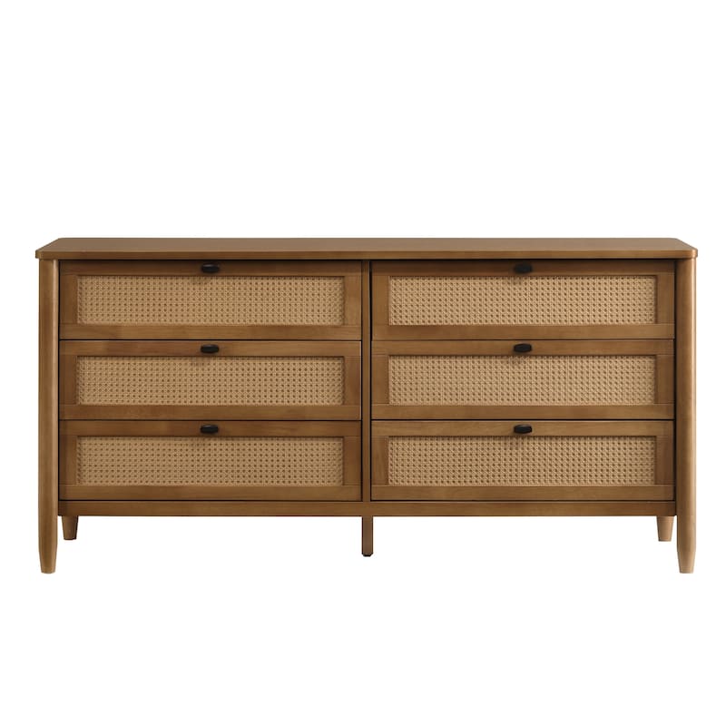Double Dresser with 6 Rattan Drawer, Floor Standing Wooden Storage Cabinet, Clothing Organizer with Solid Wood Legs