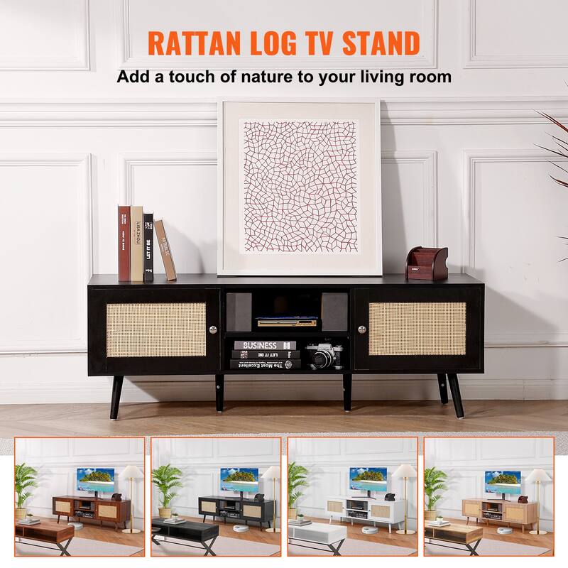 Rattan TV Stand, Mid Century Modern TV Stand, Boho Rattan TV Cabinet with Build-in Socket and USB Ports, Adjustable Shelfs