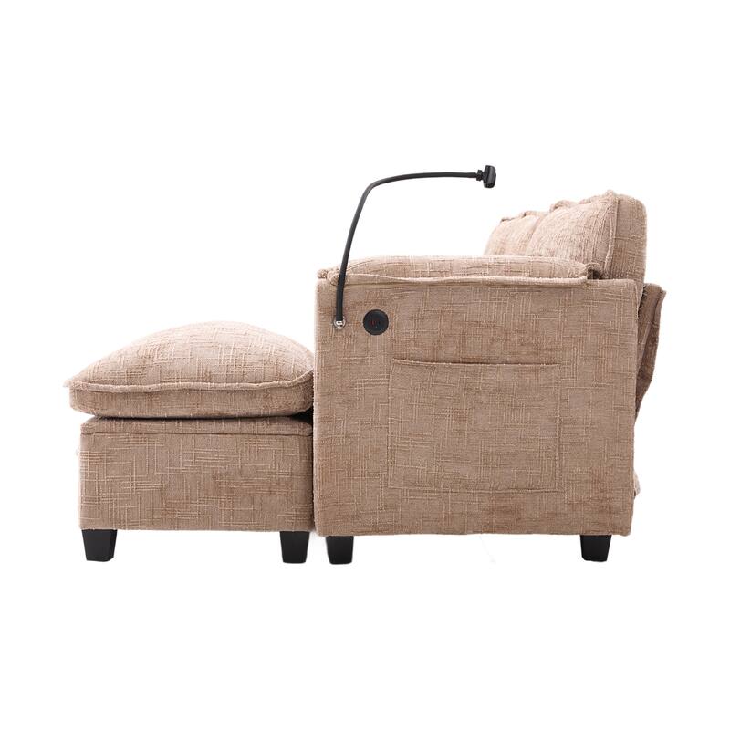 Modern Chenille Chaise Couch L-shaped Sectional Sofa with Storage Ottoman, Phone Holder, USB/Type-C Ports and Side Pockets