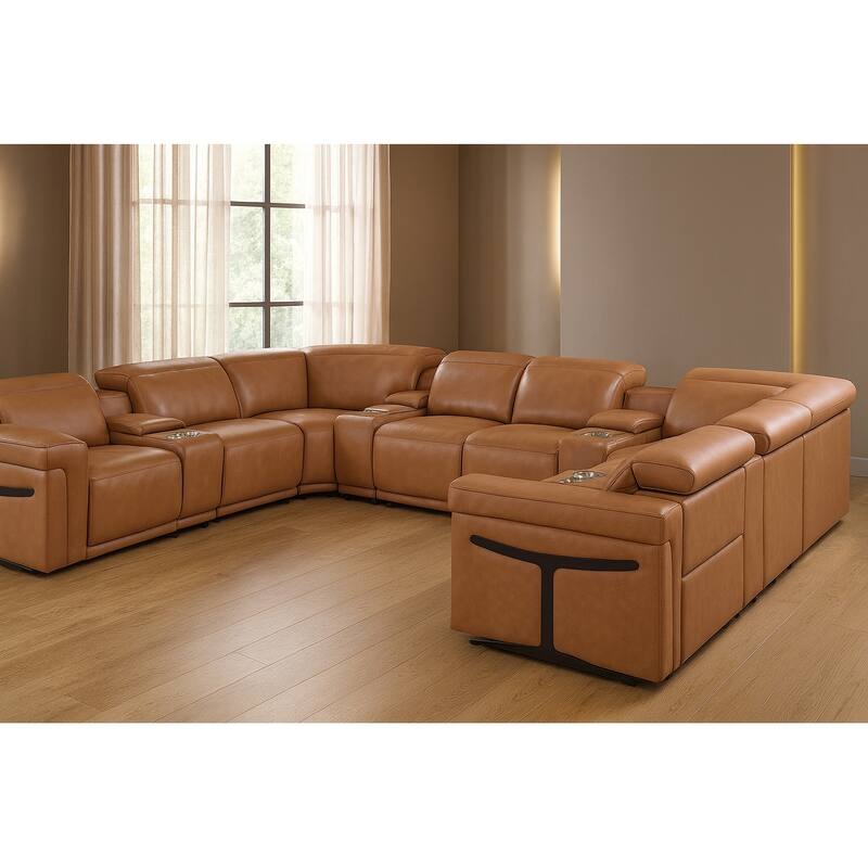 HomeRoots Chestnut Italian Leather Power Reclining U Shaped Twelve Piece Sectional With Console - Symmetrical - Chestnut
