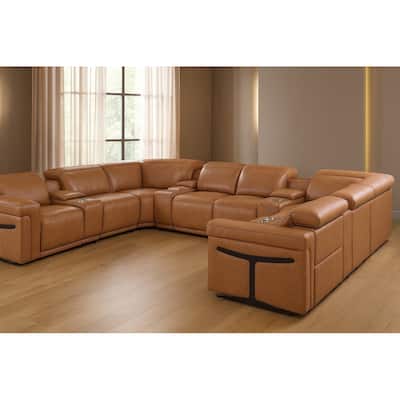 HomeRoots Chestnut Italian Leather Power Reclining U Shaped Twelve Piece Sectional With Console