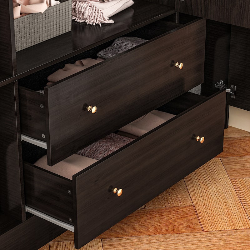 Wardrobe Armoire Wooden Closet with Mirror Storage Cubes Hanging Rod
