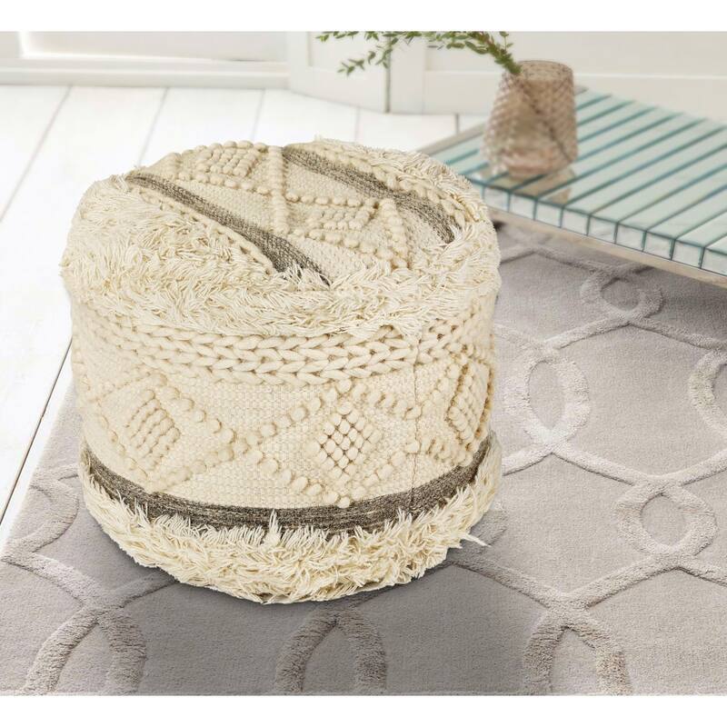 Cream Wool Cotton Blend Round Geometric Pouf Ottoman 18 Inch