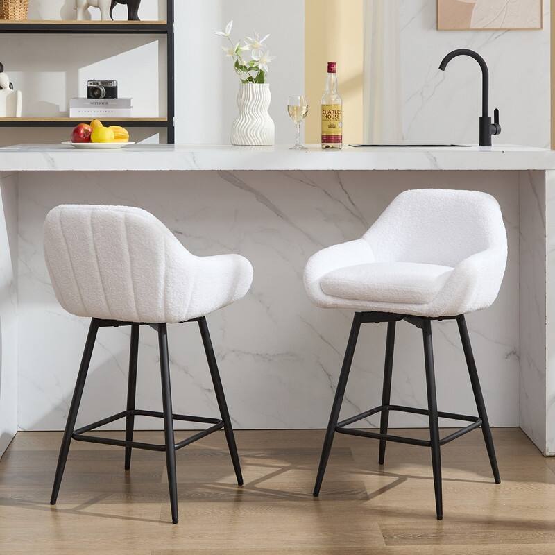 26" Counter Height Swivel Bar Stools, Upholstered Sherpa Barstools with Back for Kitchen Island - White