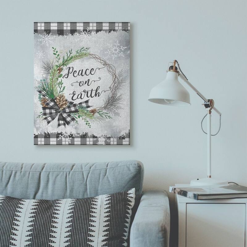 Stupell Peace On Earth Wreath Plaid Holiday Christmas Word Design Canvas Wall Art, Proudly Made in USA - 30 x 40